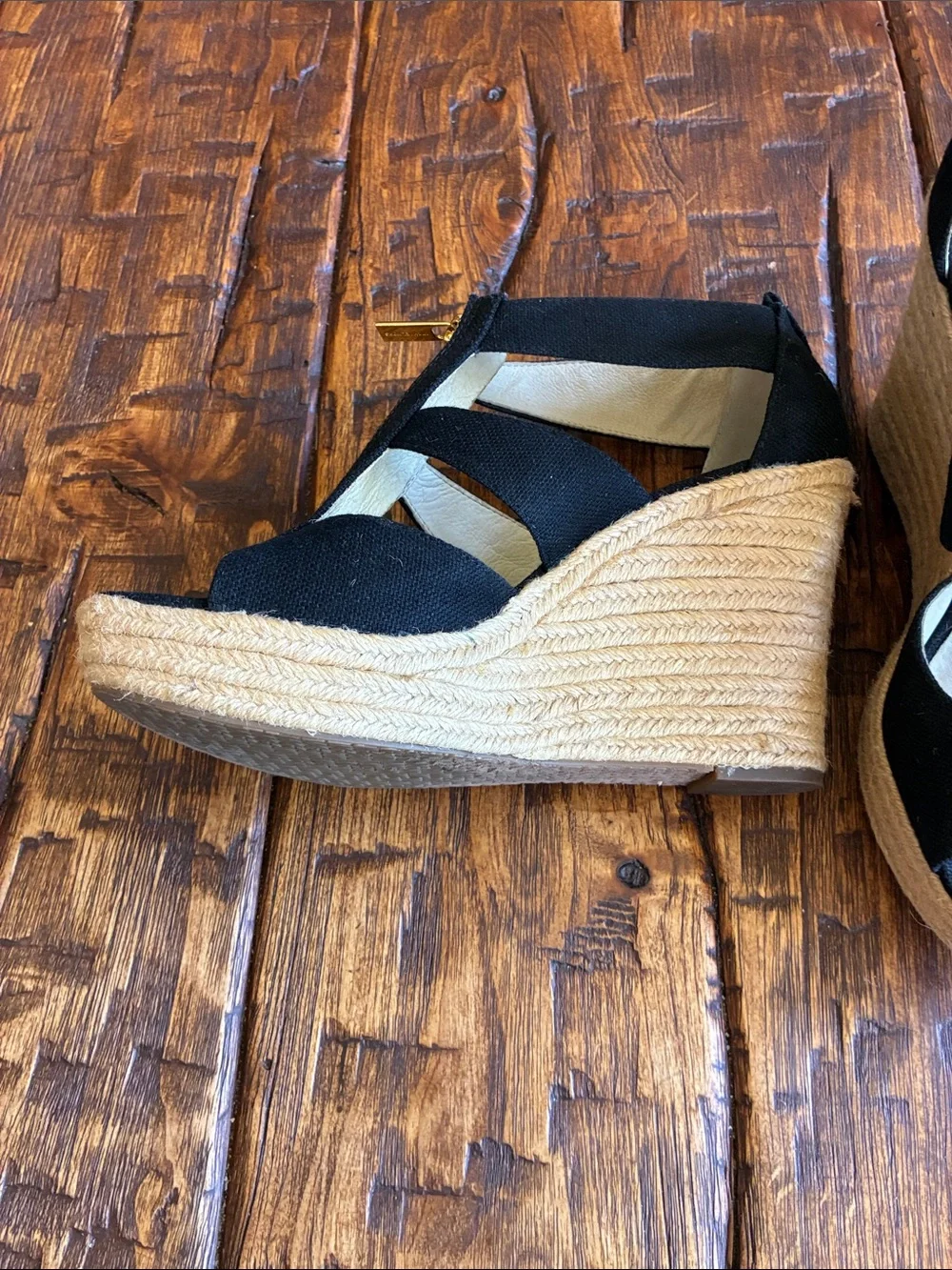 Michael Kors Black Wedge Sandals with Gold Front Zipper